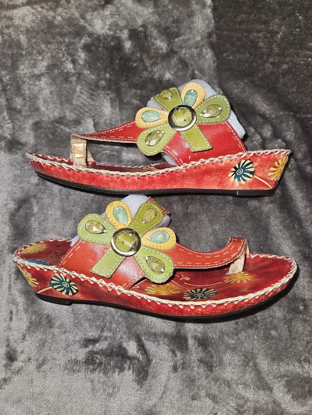 Spring Step L Artiste Red Floral Sandals Floral Accent Wearable Art Boho 7/37